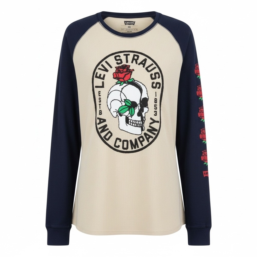 Levis Mens Skull Rose Graphic Waffle Knit Raglan Thermal Shirt XXL 3LDL K3841B